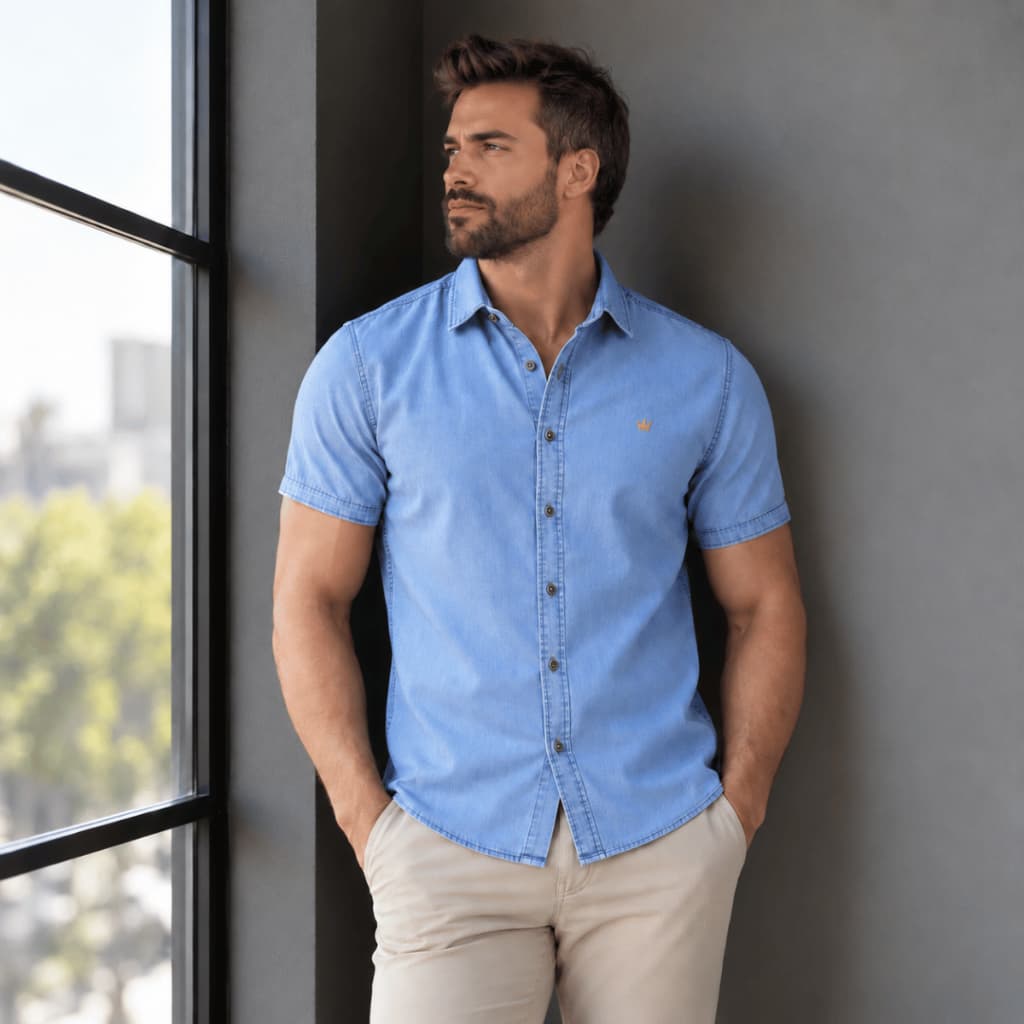 Camisa Jeans Masculina Manga Curta Casual Verão 100% Algodão + Conforto
