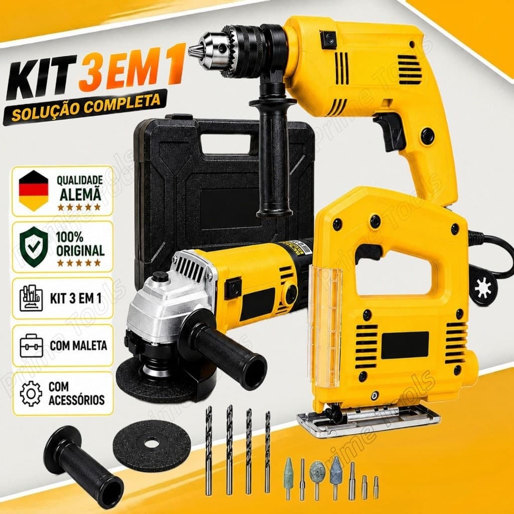 Kit 3 em 1 Furadeira de Impacto 1100W + Esmerilhadeira Angular 1200W + Serra Tico-Tico 950W com Maleta