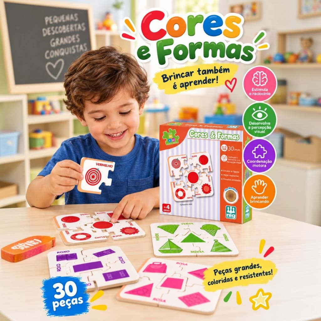 Brinquedo Educativo Jogo Quebra-Cabeça Cores e Formas Infantil em Madeira 30 Peças +4 Anos Educativo Coleção BeaBá