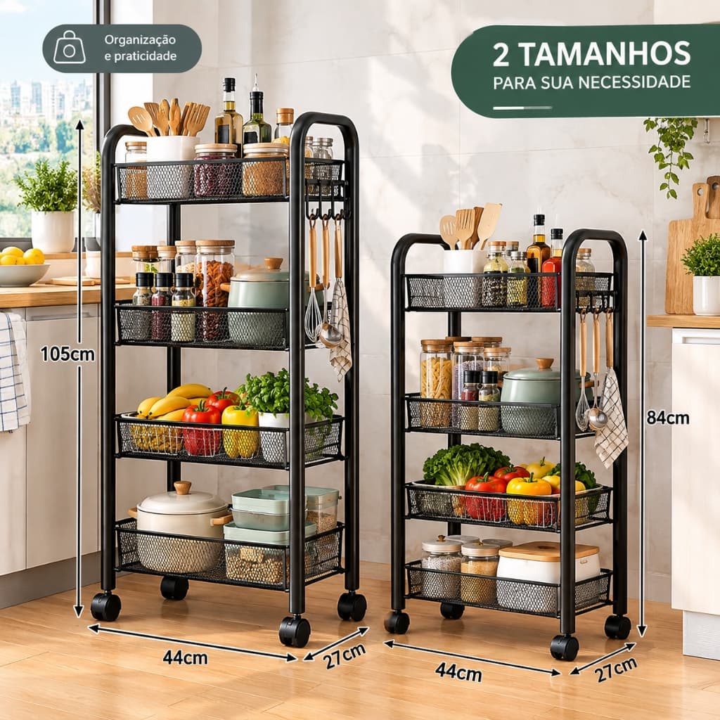 Carrinho Organizador Multiuso 4/5 Andares com Rodinhas Fruteira de Cozinha em Aço para Frutas Legumes Utensílios