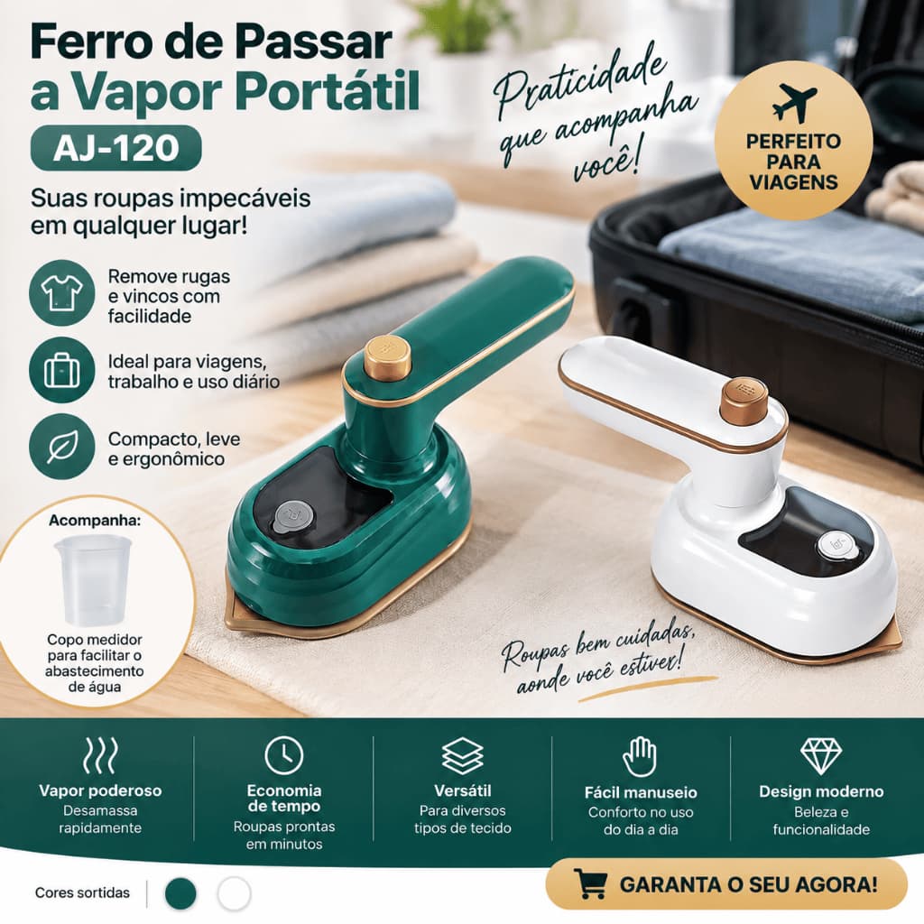 Mini Ferro de Passar Compacto a Vapor com Reservatório de Água Bivolt 110-220V