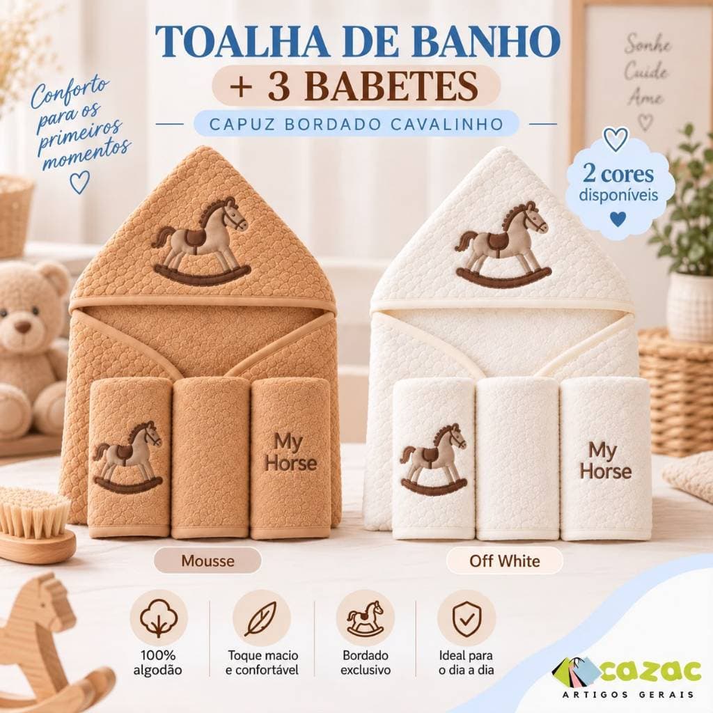 Kit Toalha de Banho Bebê com Capuz  3 Fraldas de Boca Bordada Com Cavalinho 68x80cm Enxoval Maternidade