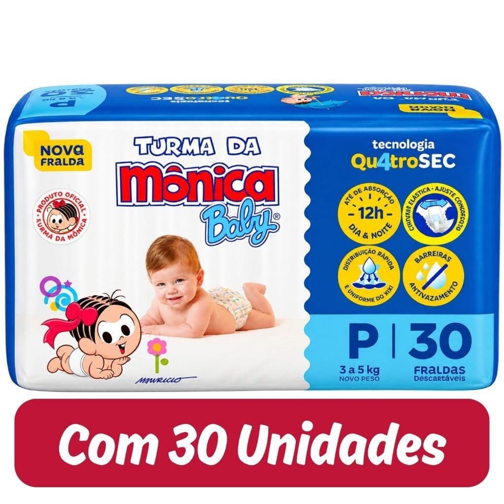 Fralda Descartável Turma da Mônica Jumbo Tamanho P - 1 Pacote com 30 Fraldas
