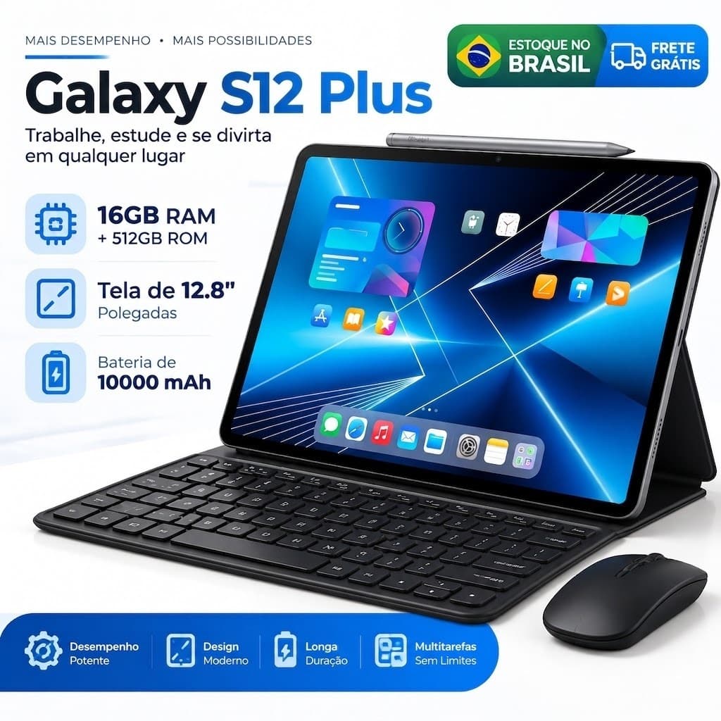 Tablet Galaxy S12 Plus Para Estudo e Jogos 16GB RAM 512GB Tela 12.8" Android 15 Dual SIM 5G 10000mAh