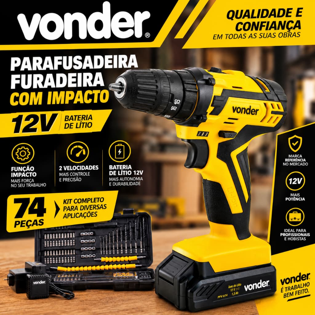 Parafusadeira Furadeira 12V Com Impacto 74 Peças Vonder