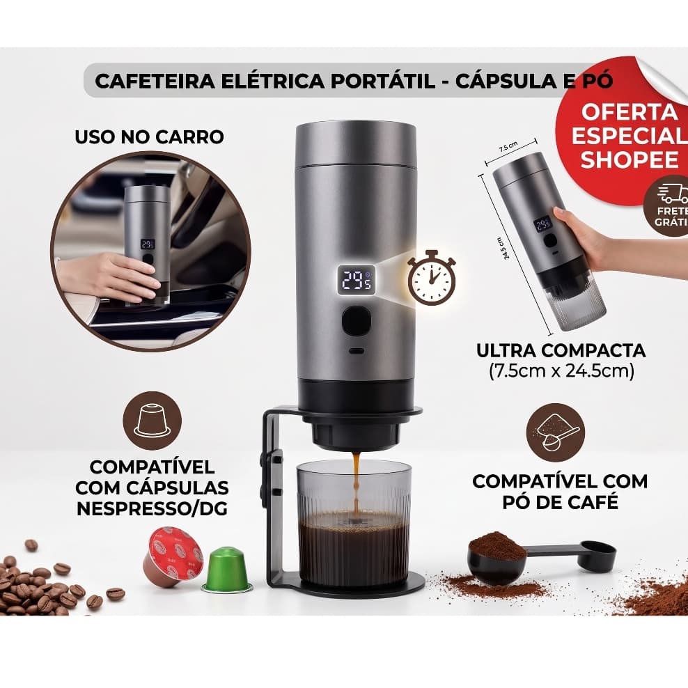 Cafeteira Elétrica Portátil Expresso 2 em 1 Cápsula Nespresso/Dolce Gusto e Pó Para Carro, Viagem