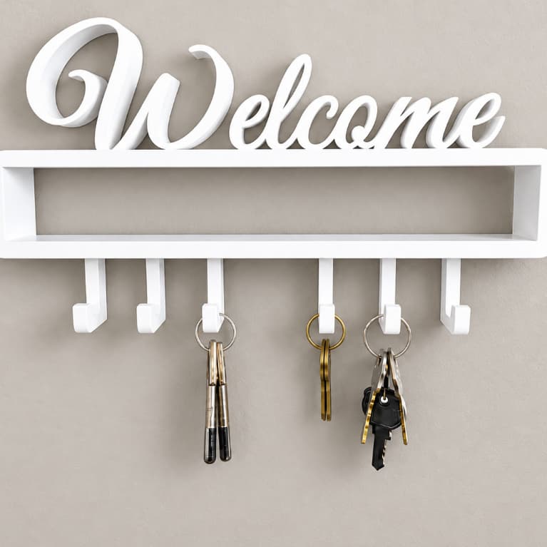 Porta Chaves Welcome com 6 Ganchos e Prateleira Decorativa Suporte para Chave Canivete Organizador de Parede Porta Chave
