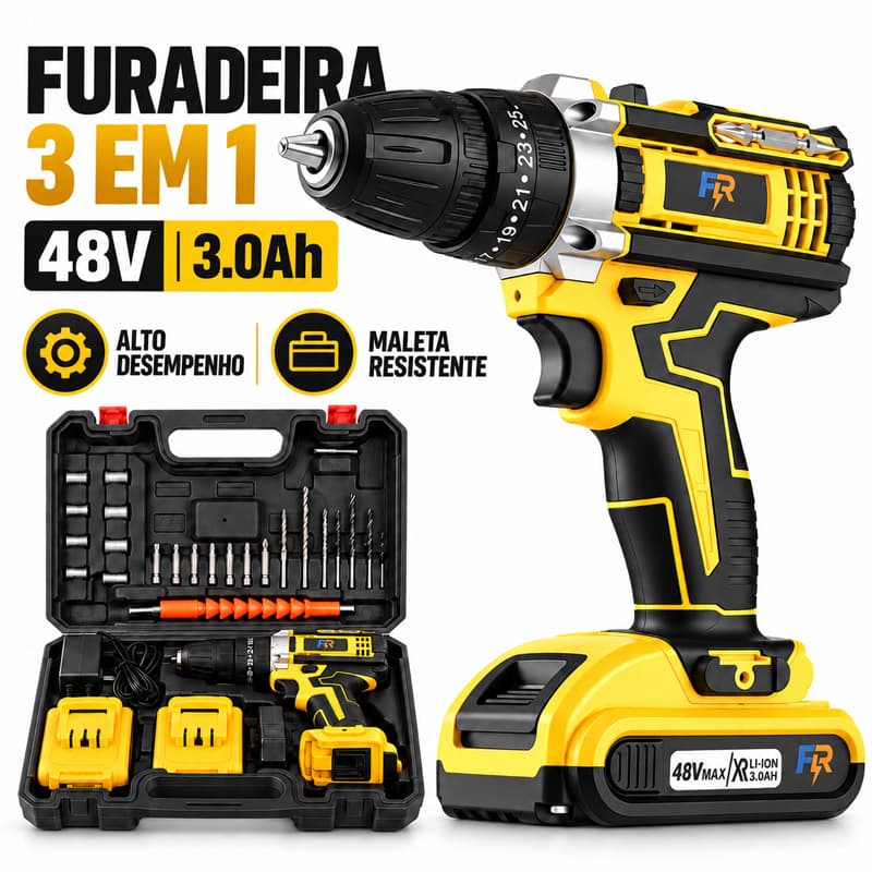 Furadeira/parafusadeira de impacto sem fio 48V, três funções, caixa de ferramentas completa e acessórios