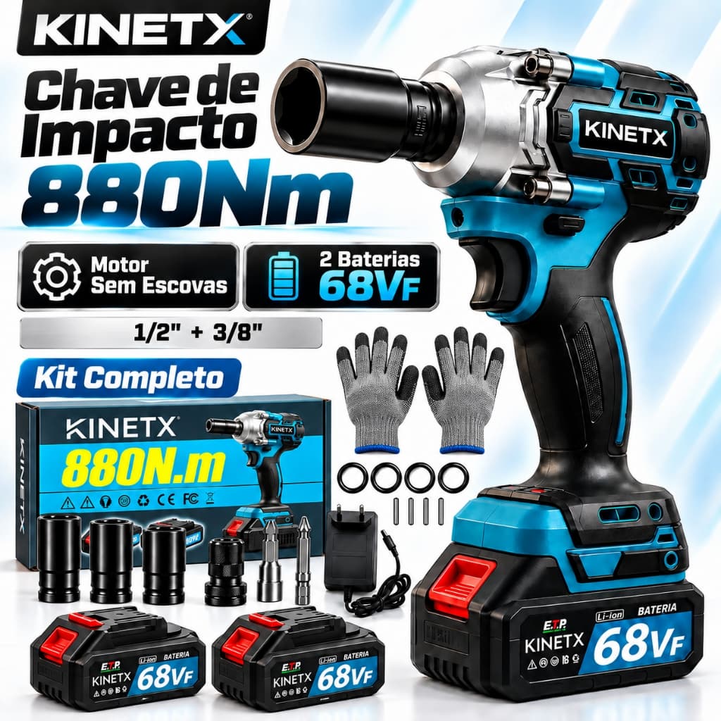 KINETX Chave De Impacto 880Nm Sem Fio Motor Sem Escova 2 Baterias 68VF Parafusadeira Furadeira Profissional Kit Soquetes