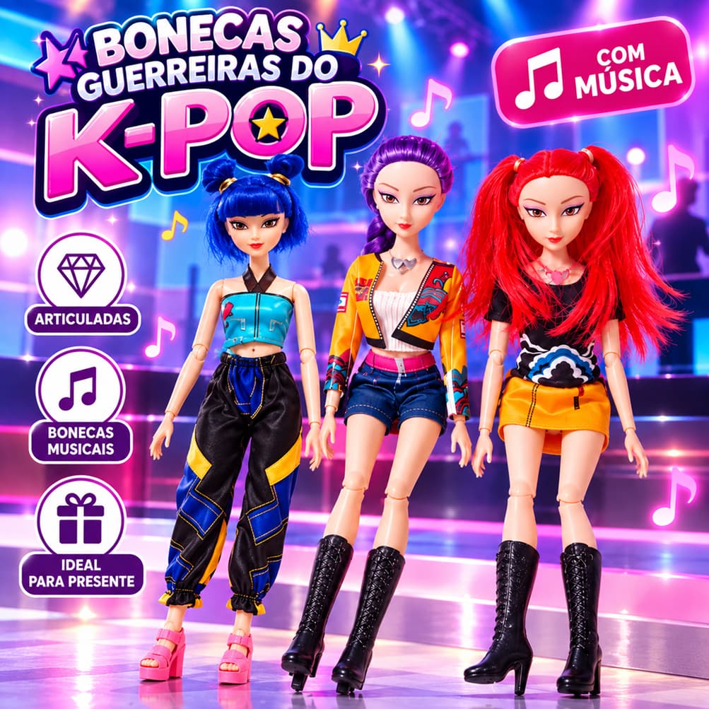 Boneca K-Pop Demon Hunters 30cm Guerreiras do K-Pop Rumi Mira Zoe Articulada Musical ENVIO IMEDIATO