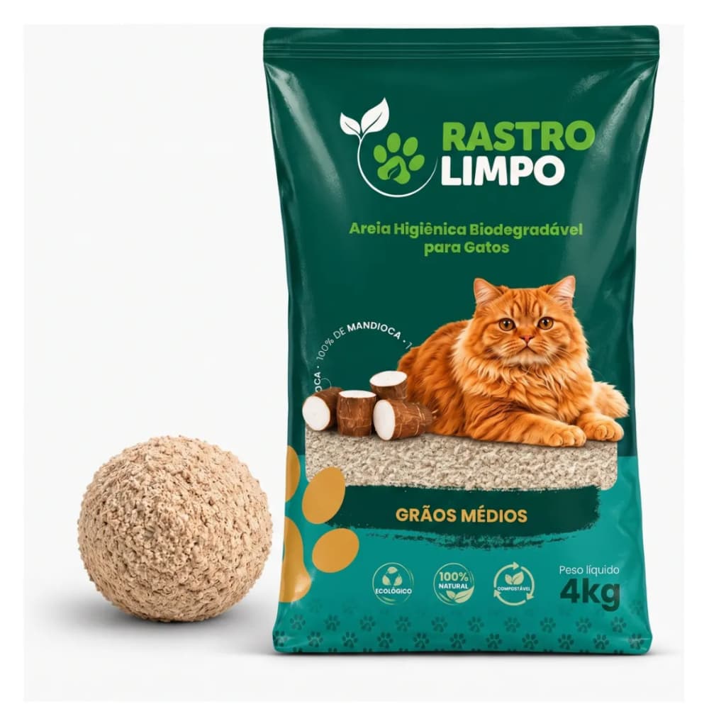 Areia Sanitária Grãos Médios Para Gatos 4kg Biodegradável Higiênica 100% Mandioca Rastro Limpo