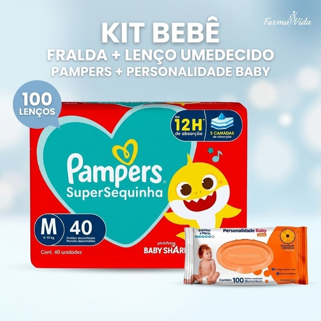 Kit Fralda Pampers Supersequinha Baby Shark + Lenço Umedecido Personalidade Baby 100un