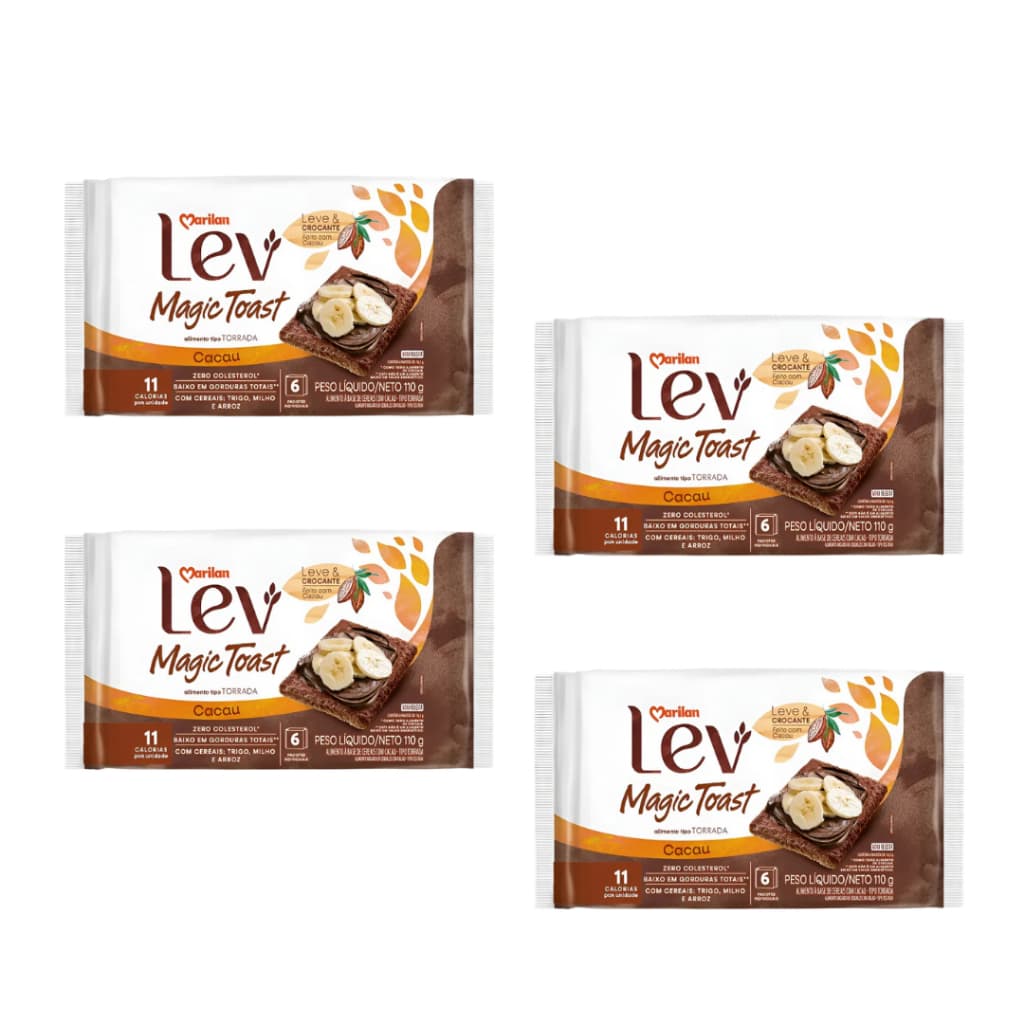 Kit 4 Biscoito Torrada Marilan Lev Magic Toast Cacau 110g Integral Lanche Saudável Snack Crocante