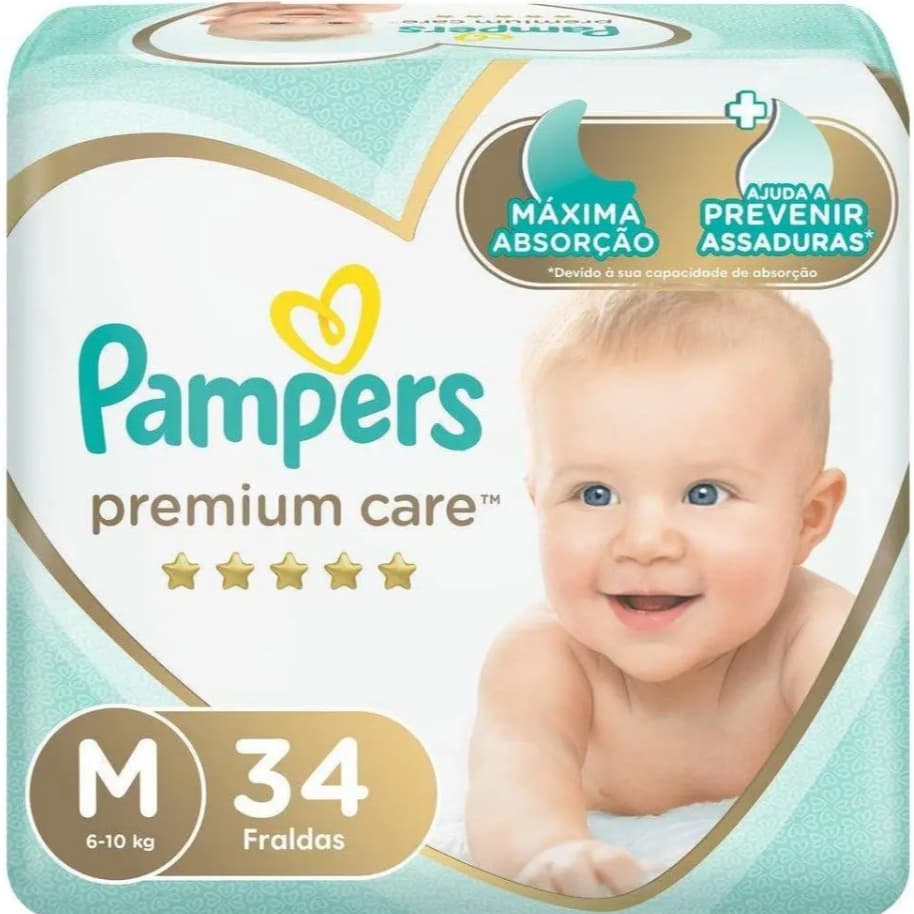 Fraldas Pampers Premium Care M 34 Unidades Hipoalergênicas