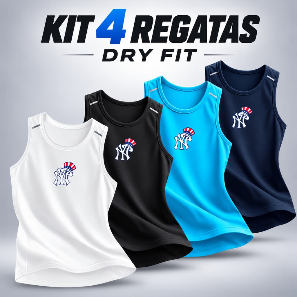 Kit 4 Regatas Masculinas Dry Fit New York Esportiva Secagem Rápida Academia Treino Musculação CrossFit