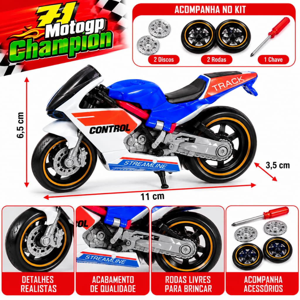 Moto de Dedo Motogp Champion com Acessórios – Mini Moto de Brinquedo  Descrição: