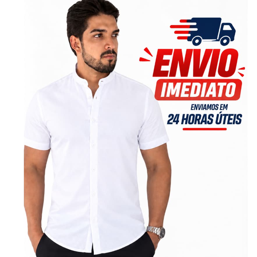 Camisa Social Masculina Branca Manga Curta Gola Padre Tecido Que Não Amassa Slim Casual Elegante