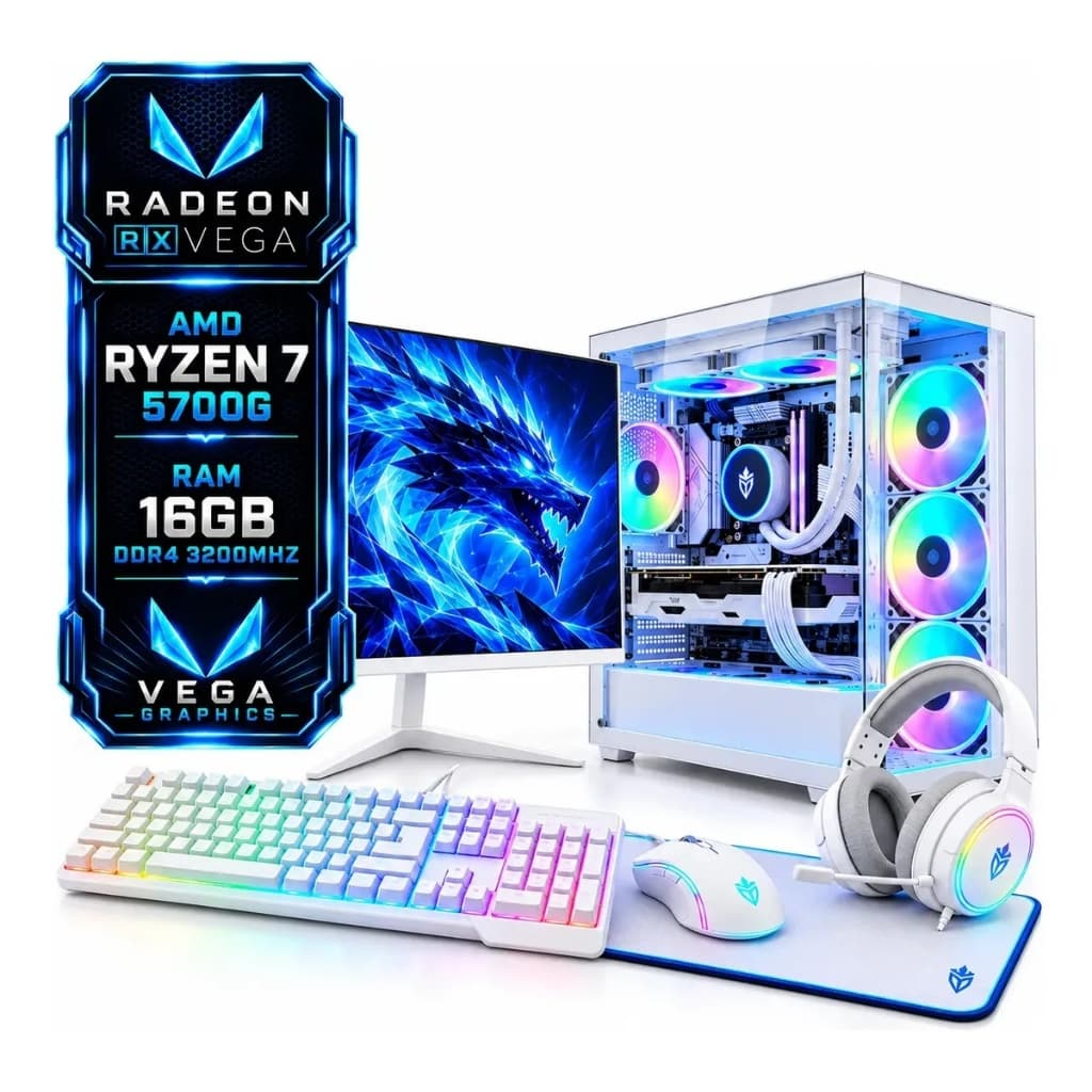 PC Gamer Completo Branco Ryzen 7 5700G 16GB SSD 480GB Monitor 23.8 100Hz Kit Gamer