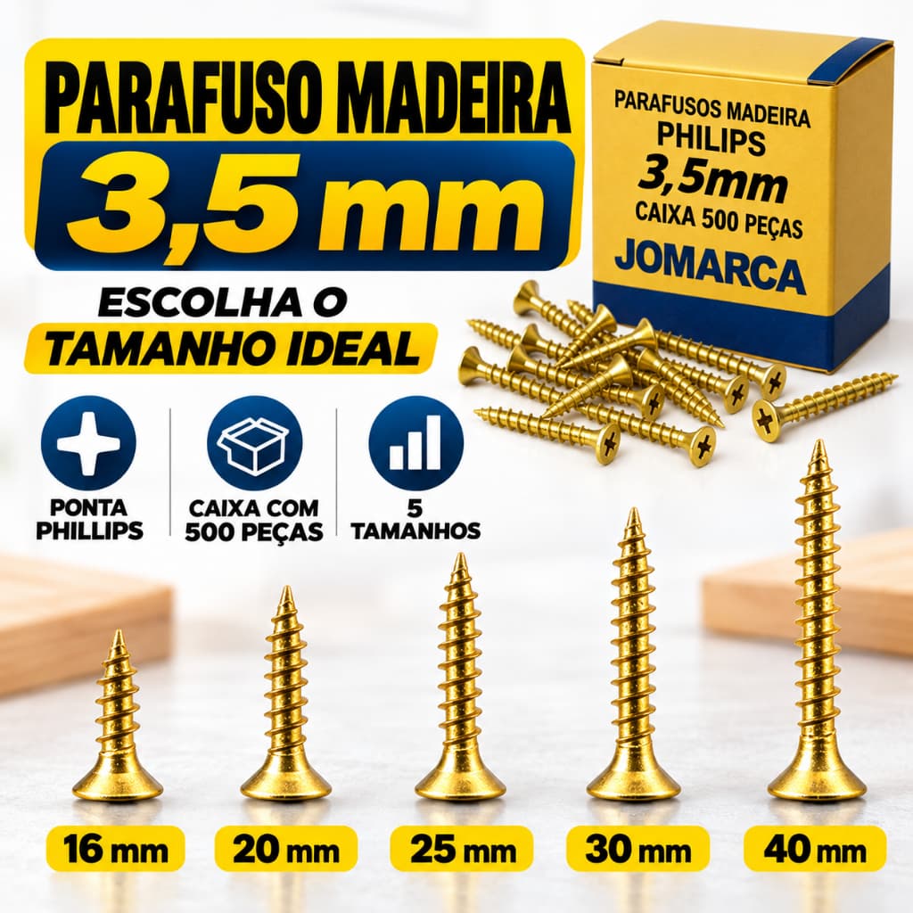 Parafuso Philips 3,5 mm Jomarca Para Madeira e MDF Caixa 500 Unidades Acabamento Dourado Bicromatizado Com Alta Firmeza