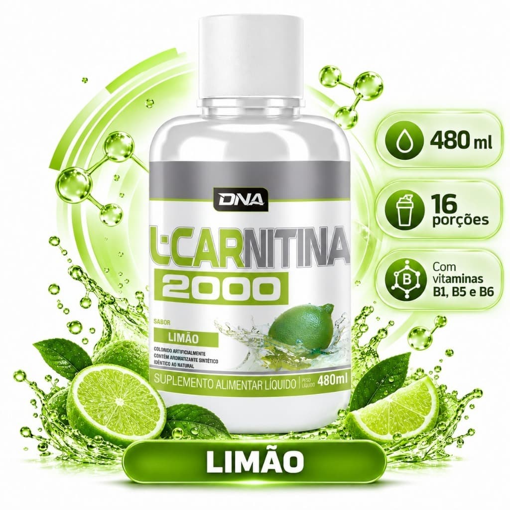 L-Carnitina 2000mg Líquida Limão DNA Suplementos 480ml 16 Porções Vitaminas B1 B5 B6  Pré Treino Fitness