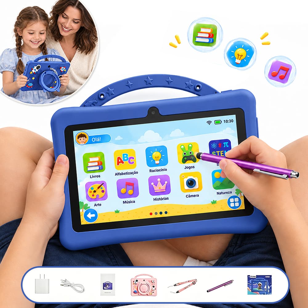 Tablet Educativo Infantil 7 Polegadas com WiFi Bluetooth 5.0 128GB 4GB RAM Android 13 com Capa de Silicone Antichoque