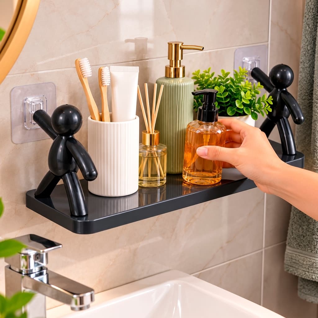 Kit 2 Prateleira Parede Sem Furo Decoração Sala Cozinha Banheiro Suporte Bonequinho Buddy Adesivo