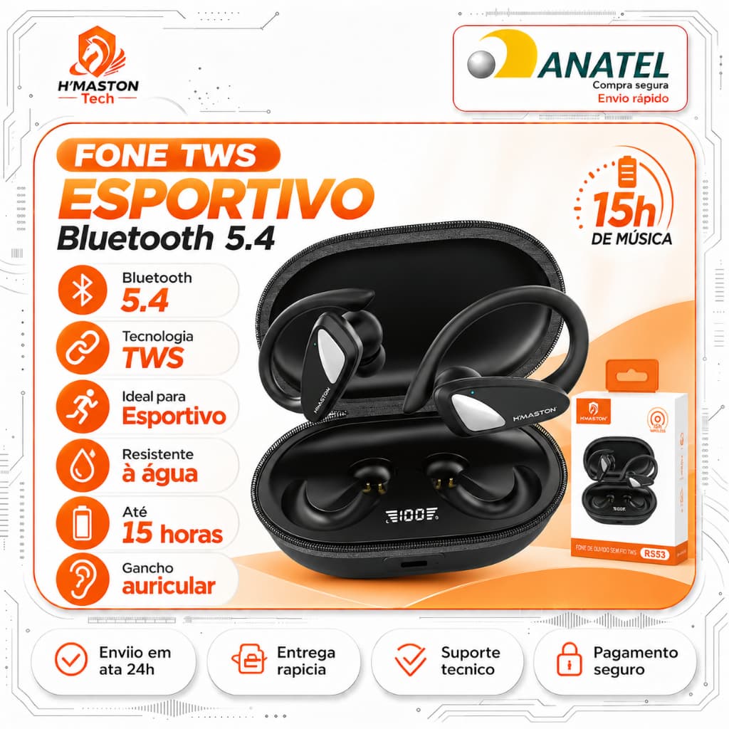 H'MASTON RS53 Fone Que Prende Na Orelha Fone Condução Óssea Fone Para Corrida Fone De Ouvido Para Corrida Fone Bluetooth