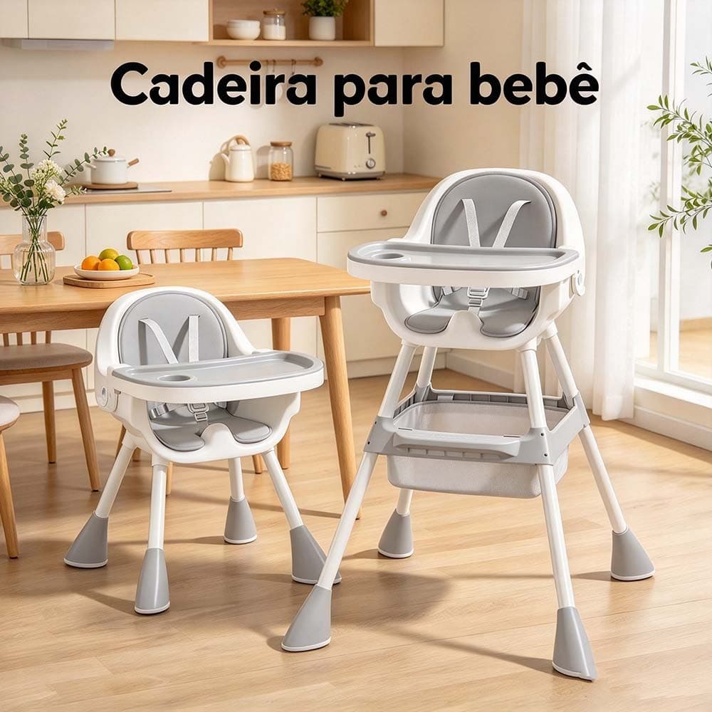 Cadeira de Alimentação Bebê Portátil 3 em 1 Multifuncional, Cinto de Segurança, Bandeja Dupla, Rodinhas, Suporta até 25k