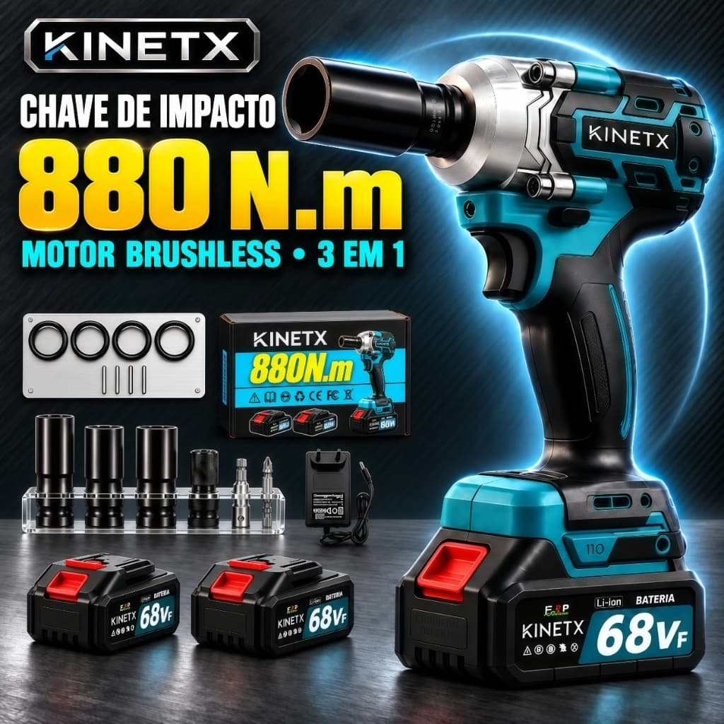 KINETX Chave de Impacto Brushless 880Nm 21V 3 em 1 Parafusadeira Furadeira com 2 Baterias Soquetes e Acessórios