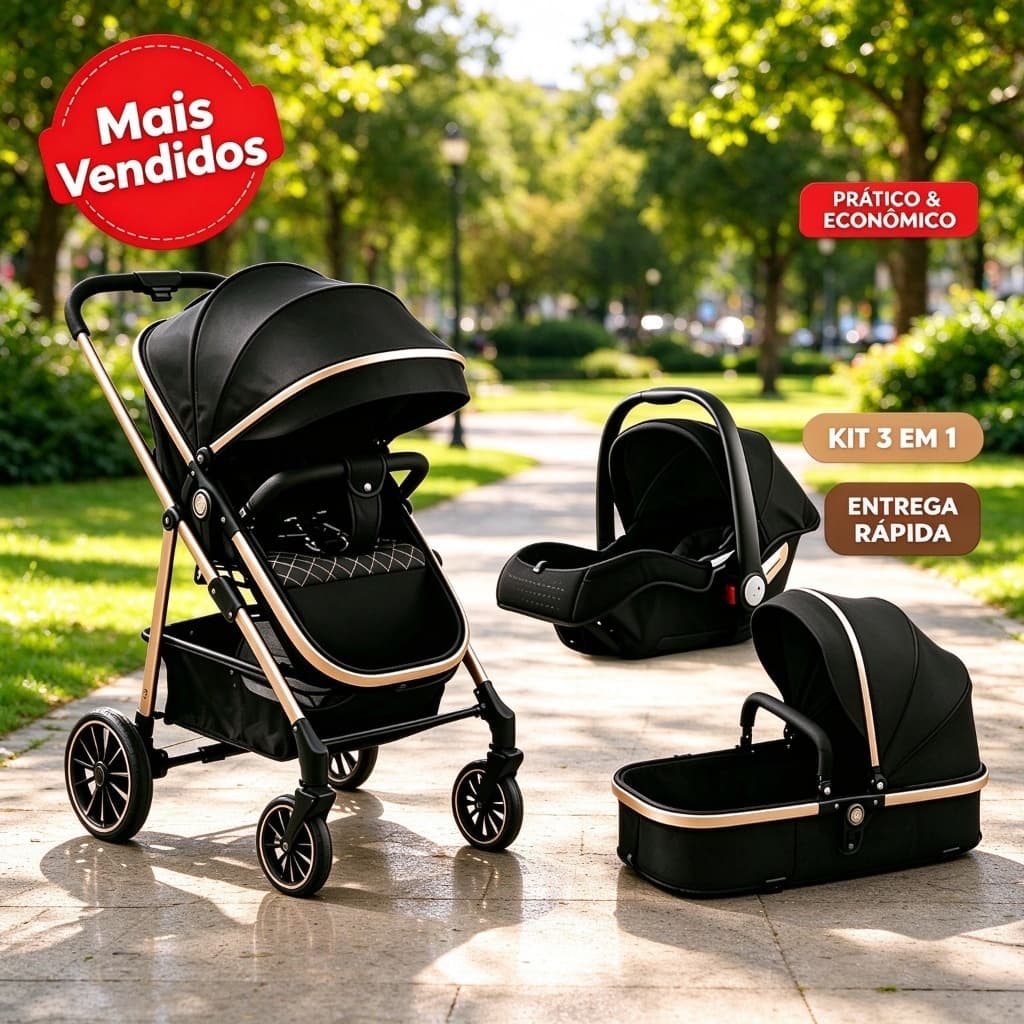 Carrinho de Bebê 3 em 1 Premium, Bebê Conforto + Moisés, Reversível, Dobrável, Para Recém Nascido, Entrega Rápida