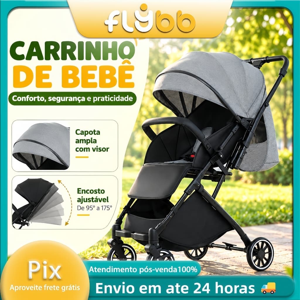 Carrinho de Bebê Dobrável Encosto Ajustável Capota com Visor para Passeio com Bebê