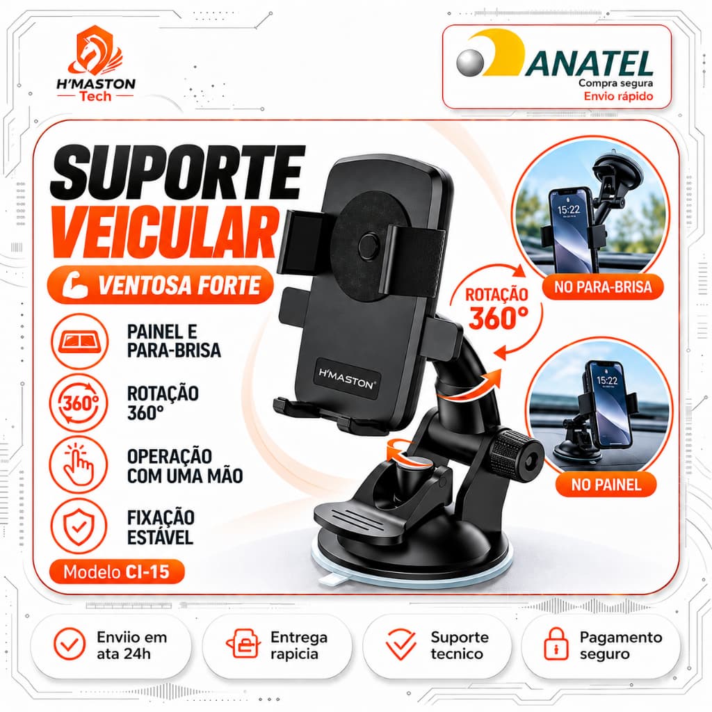 H'MASTON CJ-15 Porta Celular Carro Suporte Veicular Para Celular Porta Celular Para Carro Painel Suporte Celular Carro