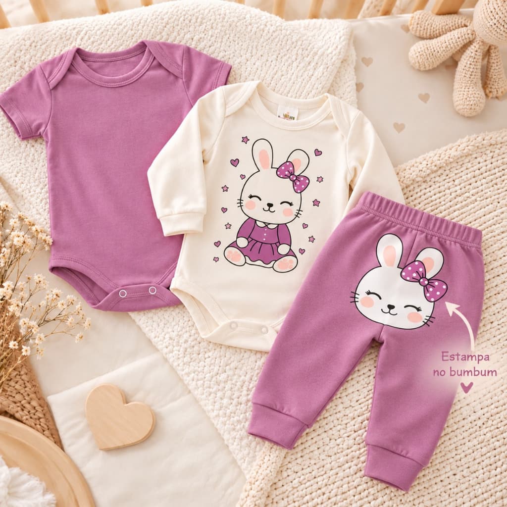 Conjunto Bebê Menina Suedine 100% Algodão Premium Infantil 3 Peças Calça Kit Body Roupa De Bebe Maternidade Mijão