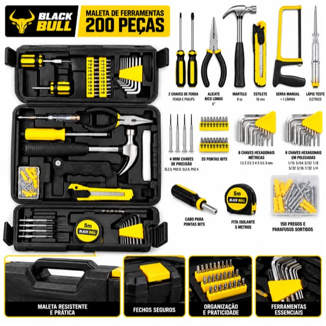 Maleta De Ferramentas 200 Peças Black Bull Kit Completo Casa