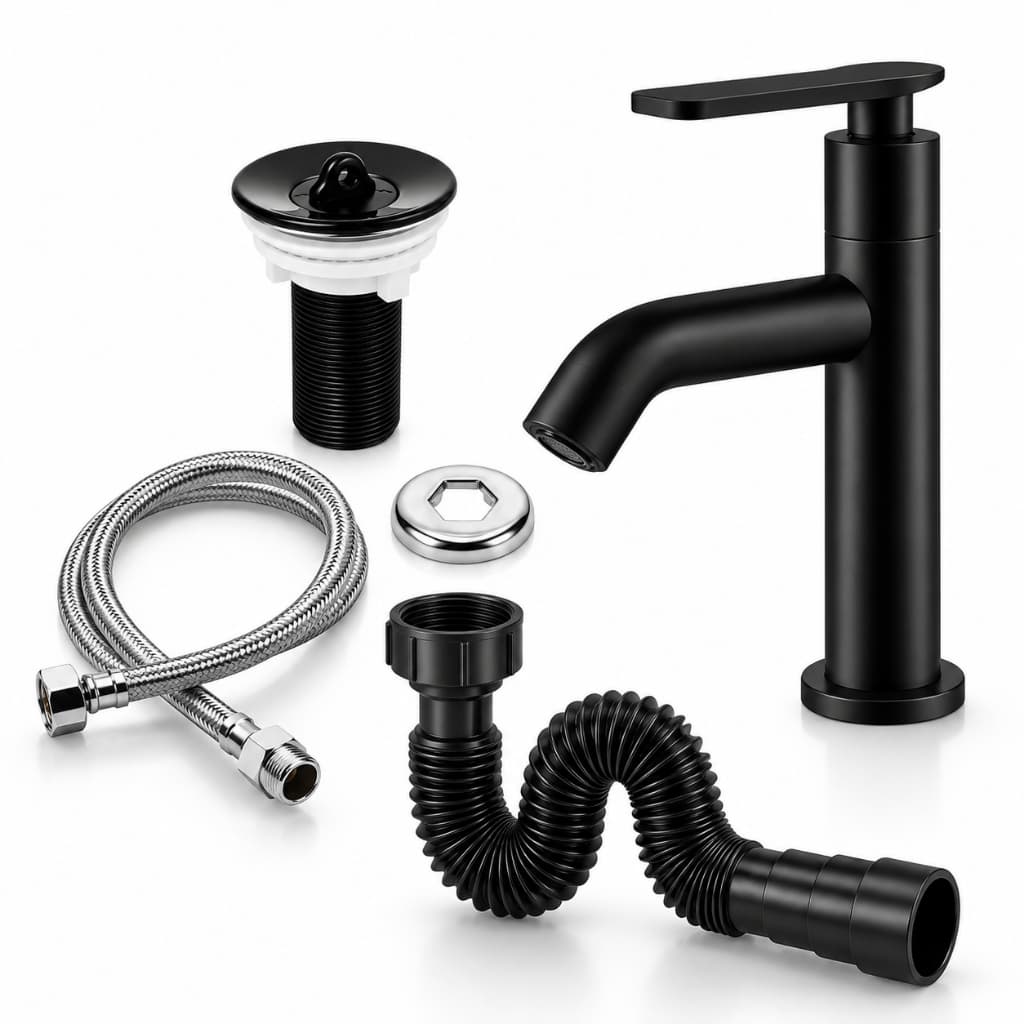 Kit para Lavatório/Banheiro/Lavabo Completo Torneira Preta ABS + Válvula 7/8 + Sifão Extensível + Engate 40cm