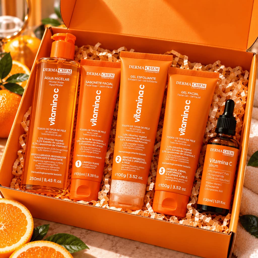 Kit Skin Care Completo Vitamina C Dermachem 5 Produtos Limpeza de Pele Sérum Clareador Hidratante Facial