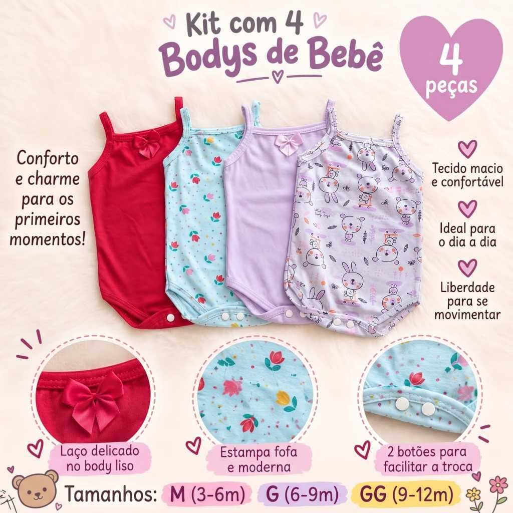 Kit 4 body bebê menina 4 peças alcinha bory bebê menina 100% algodão