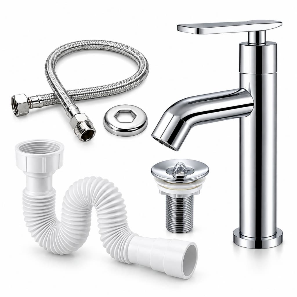 Kit para Lavatório/Banheiro/Lavabo Completo Torneira ABS Cromada + Válvula 7/8 + Sifão + Engate Inox Cromado
