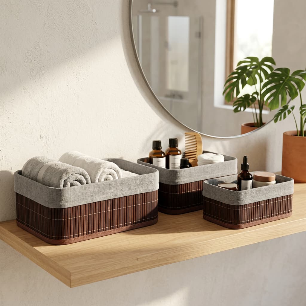 Kit 3  Cestos Organizadores de Bambu Dark Premium Forrado Multiuso Quarto Banheiro