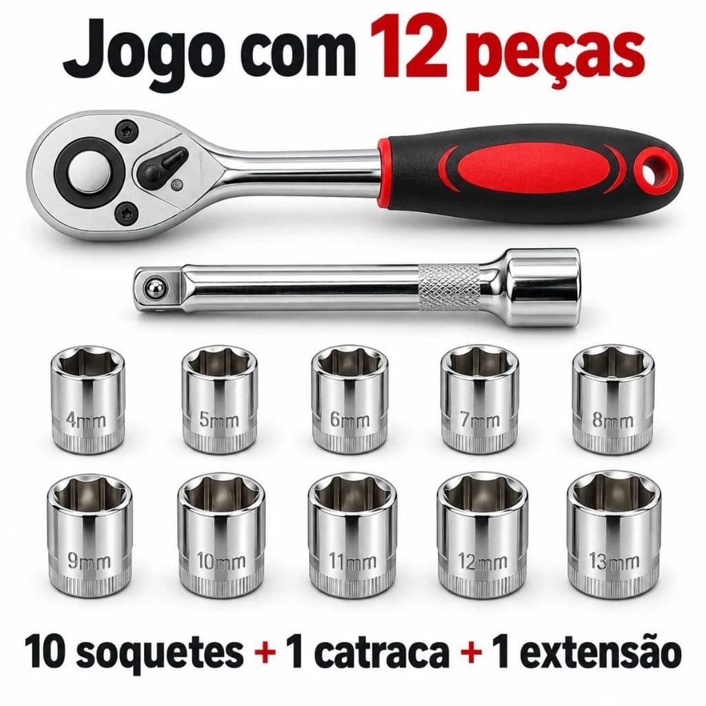 Jogo De Soquete Sextavado 1/4 Catraca 12 Peças com Extensão Jogo De Chave De Cartraca 4 a 13 mm