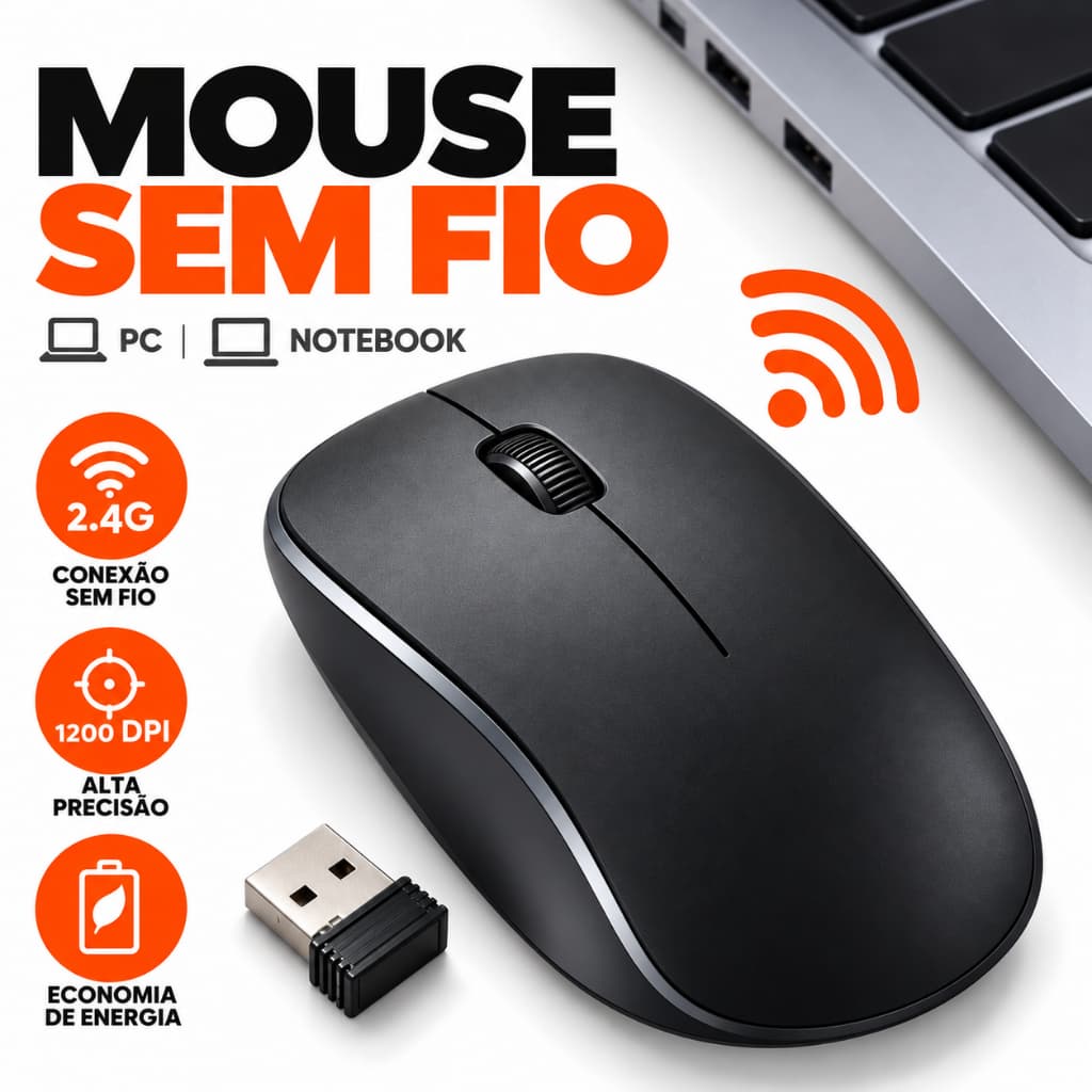 Mouse Sem Fio 2.4G USB 1200 DPI para PC e Notebook