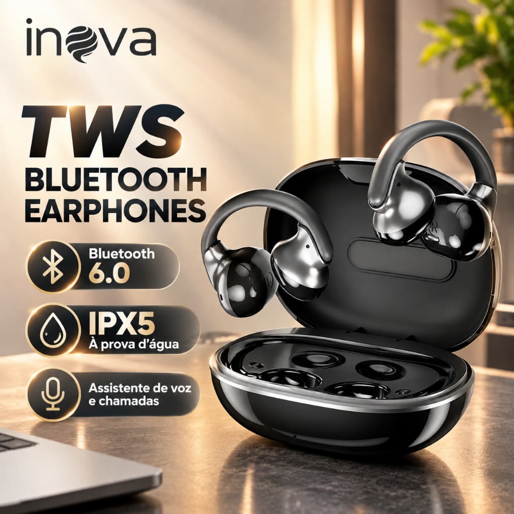 INOVA Fone de Ouvido Bluetooth TWS Ear Clip Sem Fio Fone Bluetooth Esportivo Bluetooth 6.0 IPX5 5h