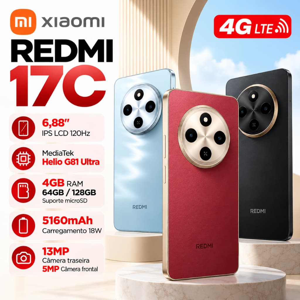 Smartphone Xiaomi Redmi 17C 4G 8GB RAM 256GB/128GB Tela 6,88" 120Hz Bateria 5160mAh Global Celular