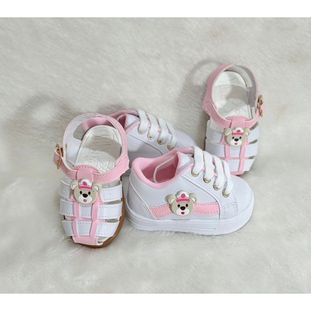 Kit tênis e sandália bebê em branco e rosa enfeite ursa marinheira primeiros passos confortável