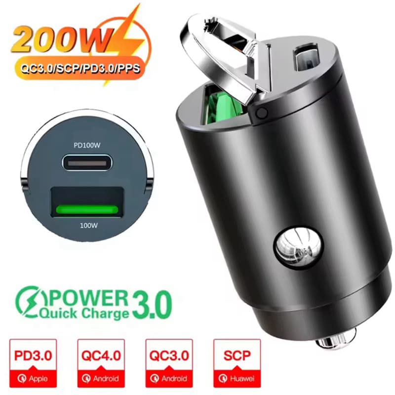 Carregador Veicular Turbo 200W USB + Tipo-C PD3.0 Quick Charge 3.0/4.0 Universal iPhone Android