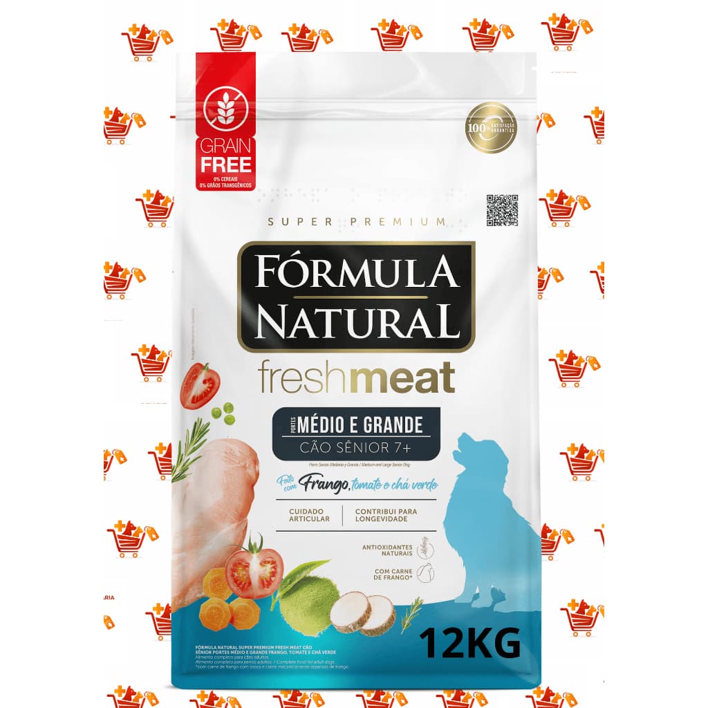 Ração 12 kg Fórmula Natural Super Premium Fresh Meat Cão Sênior Portes Médio e Grande Frango, Tomate e Chá Verde