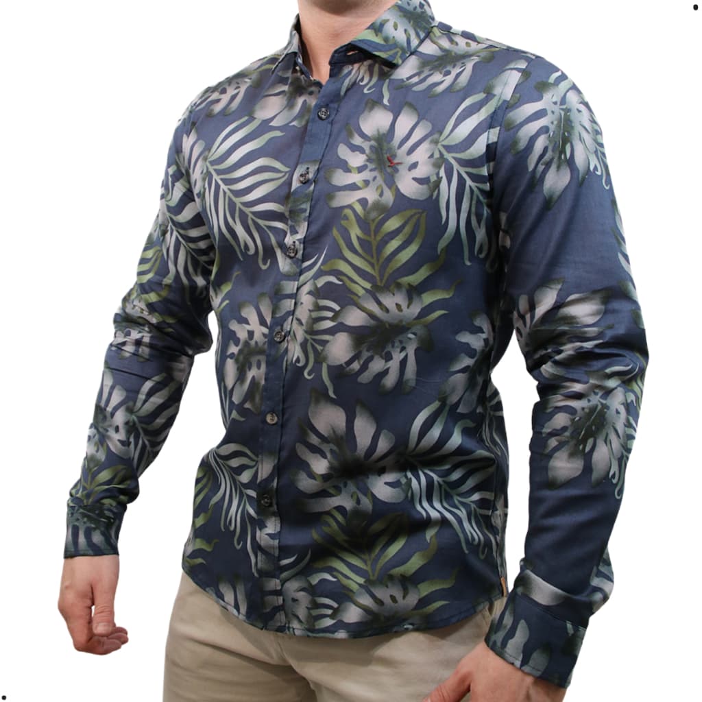 Camisa Social Masculina Slim Fit Manga Longa Estampada Folhas