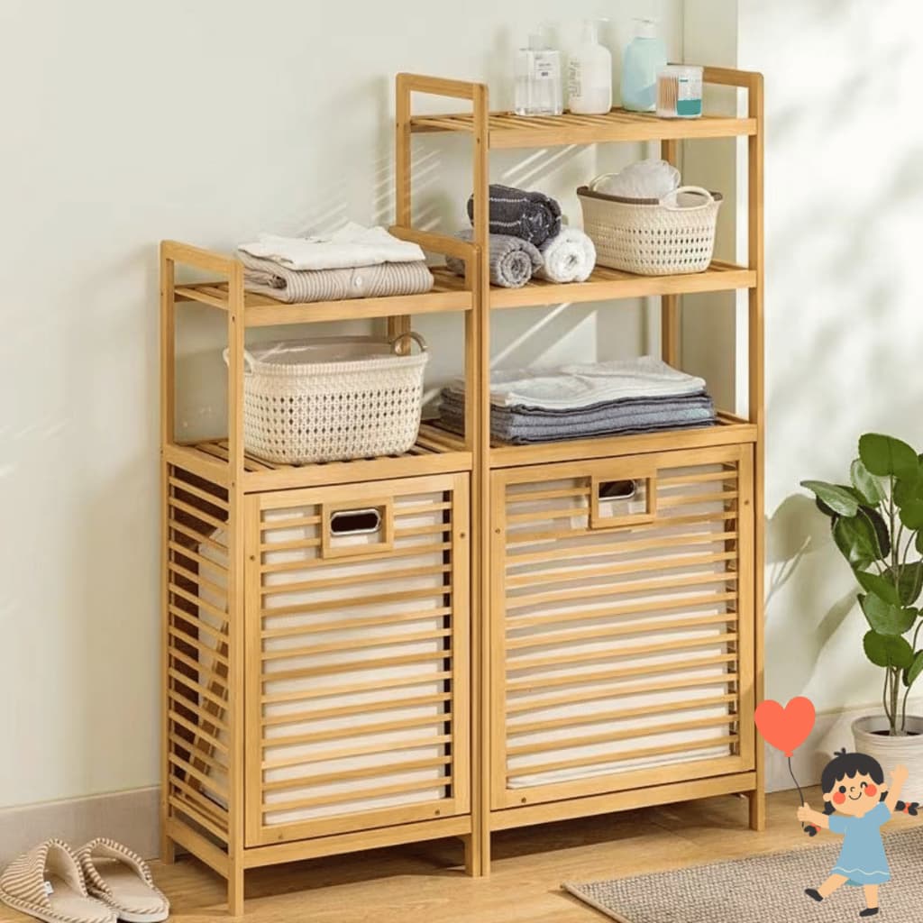 Cesto de Roupa Suja com Organizador de Bambu 2 ou 3 Andares Cesto Removível Grande para Lavanderia Banheiro Porta Roupas