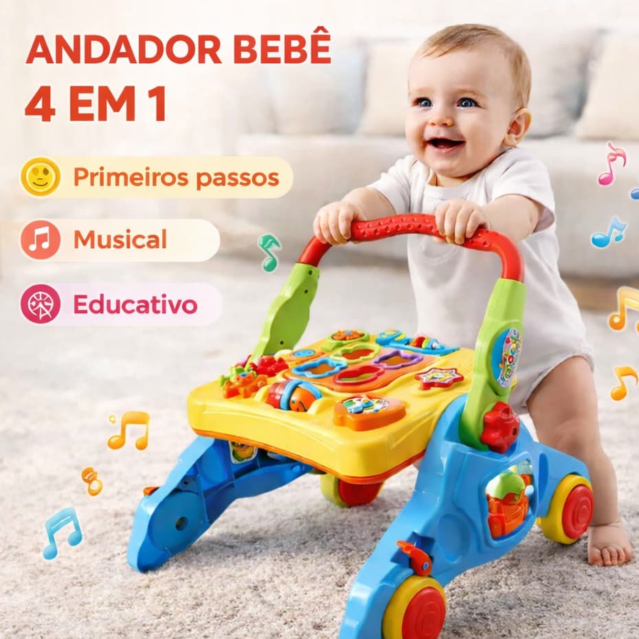 Andador Bebê 4 em 1 Musical Educativo | Mesa Didática Infantil Empurrador Para Aprender a Andar