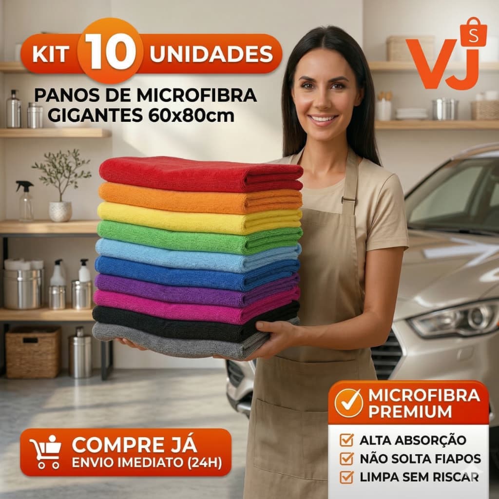 Kit 10 Pano Microfibra 60x80 Chão Carro Estética Automotiva Secagem Alta Absorção